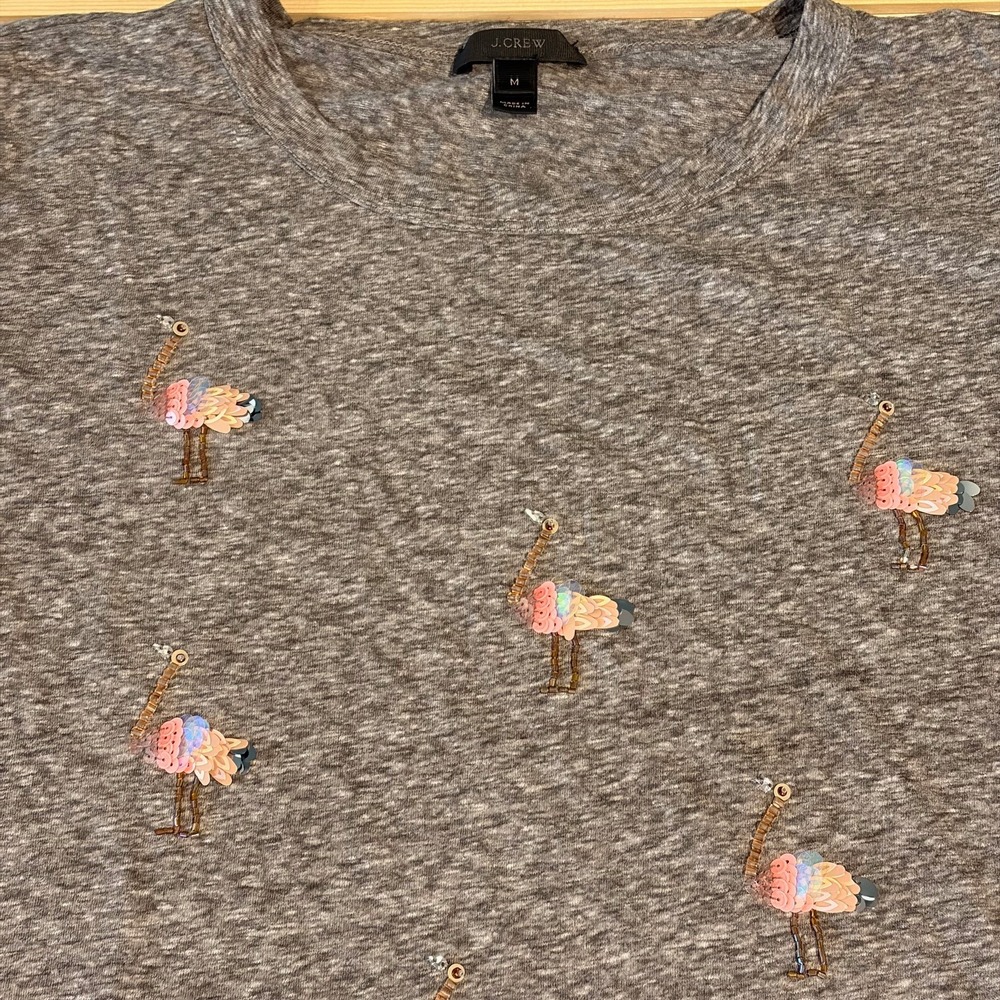 J Crew Vintage Flamingo Bird Sequin Womens Tee Size M Gray Preppy Summer Coastal - Picture 3 of 9